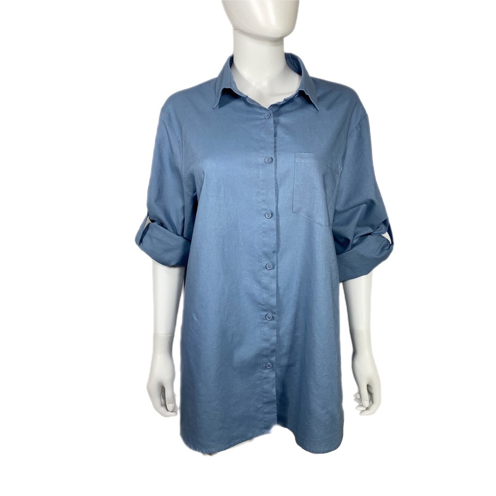Miniver Blue Linen/Cotton High Low Roll-Up Sleeve Top